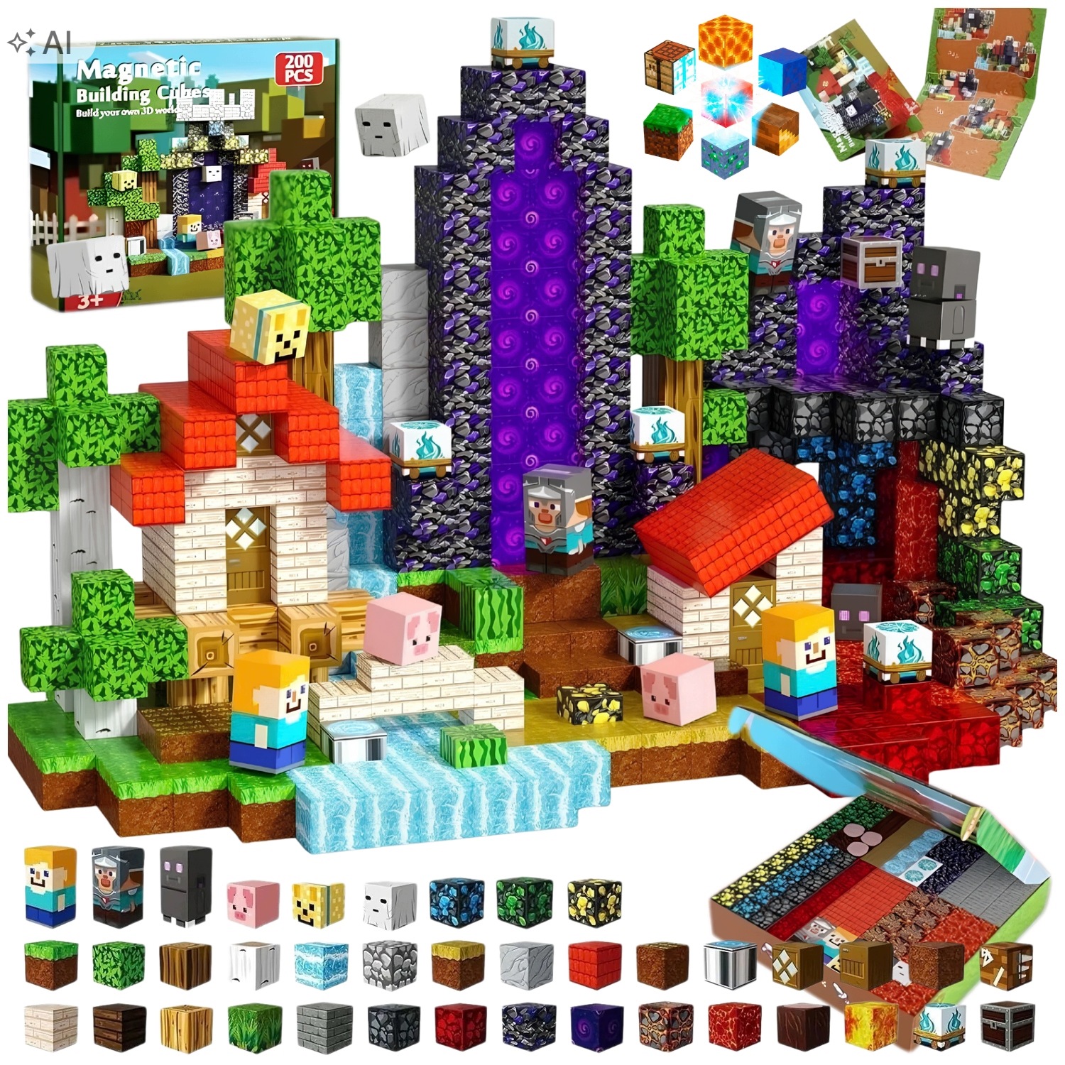 Klocki magnetyczne sześciany pixele 3D, zestaw XXL 200 elementów dla dzieci