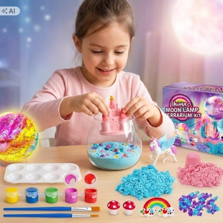 Zestaw kreatywny lampka jednorożec LED piasek kinetyczny DIY farby
