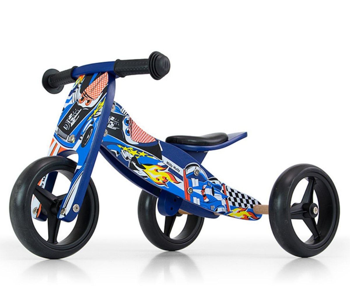 Drewniany rowerek biegowy trójkołowy dla dzieci Blue Cars Jake Milly Mally