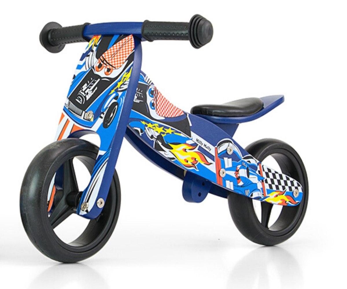 Drewniany rowerek biegowy trójkołowy dla dzieci Blue Cars Jake Milly Mally