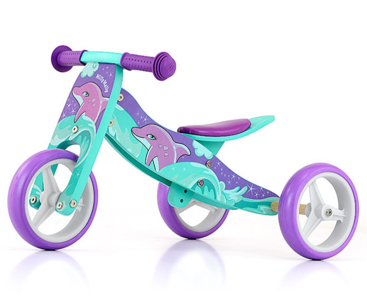 Drewniany rowerek biegowy trójkołowy dla dzieci Dolphin Jake Milly Mally