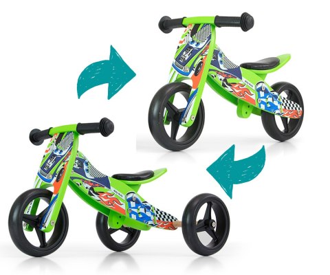 Drewniany rowerek biegowy trójkołowy dla dzieci Green Cars Jake Milly Mally