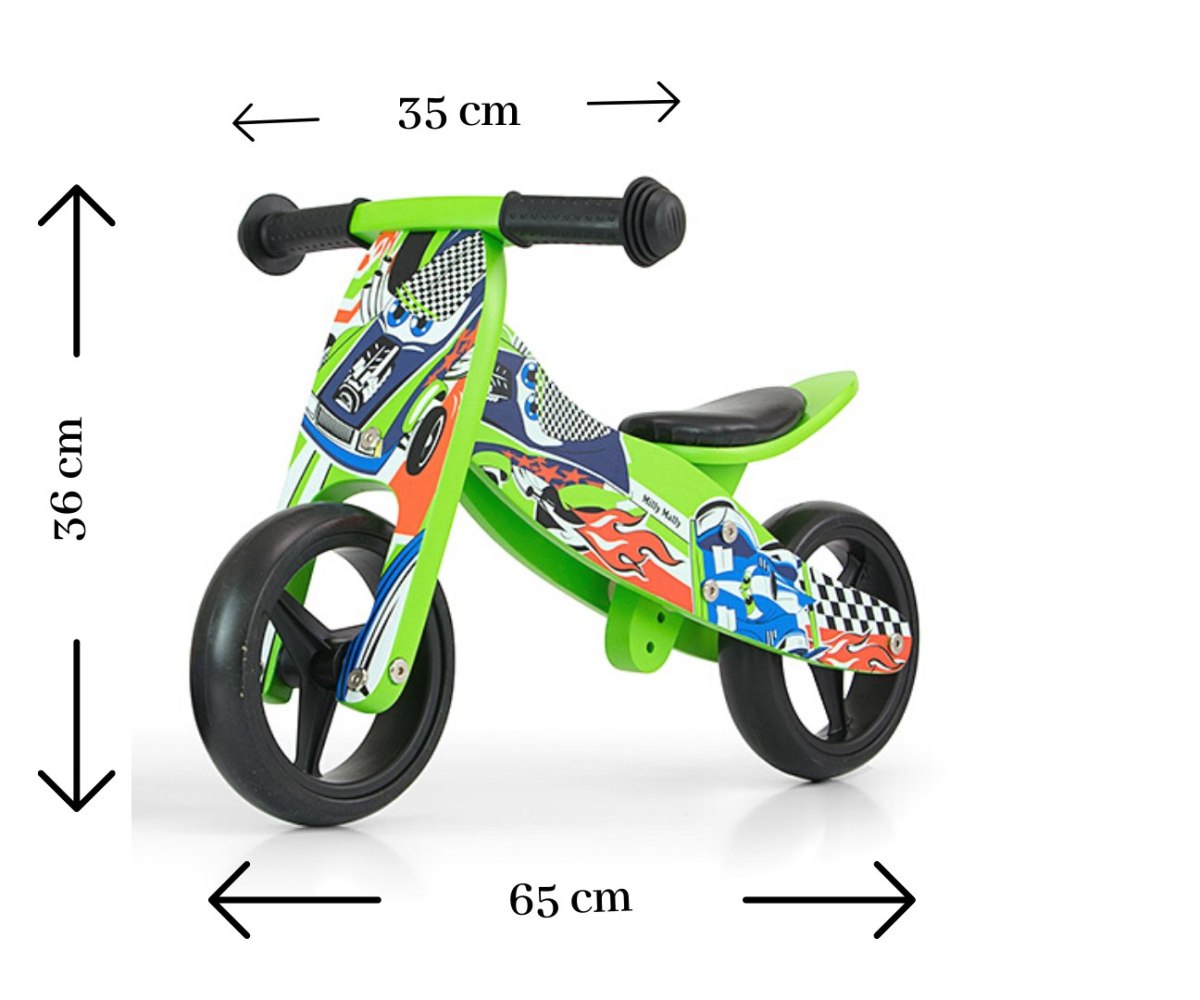 Drewniany rowerek biegowy trójkołowy dla dzieci Green Cars Jake Milly Mally