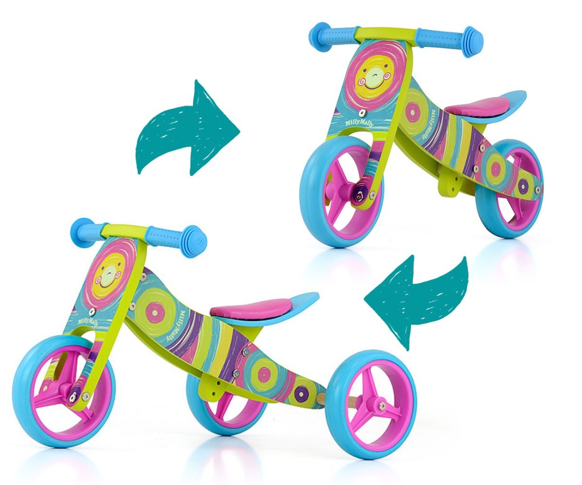 Drewniany rowerek biegowy trójkołowy dla dzieci Rainbow Jake Milly Mally