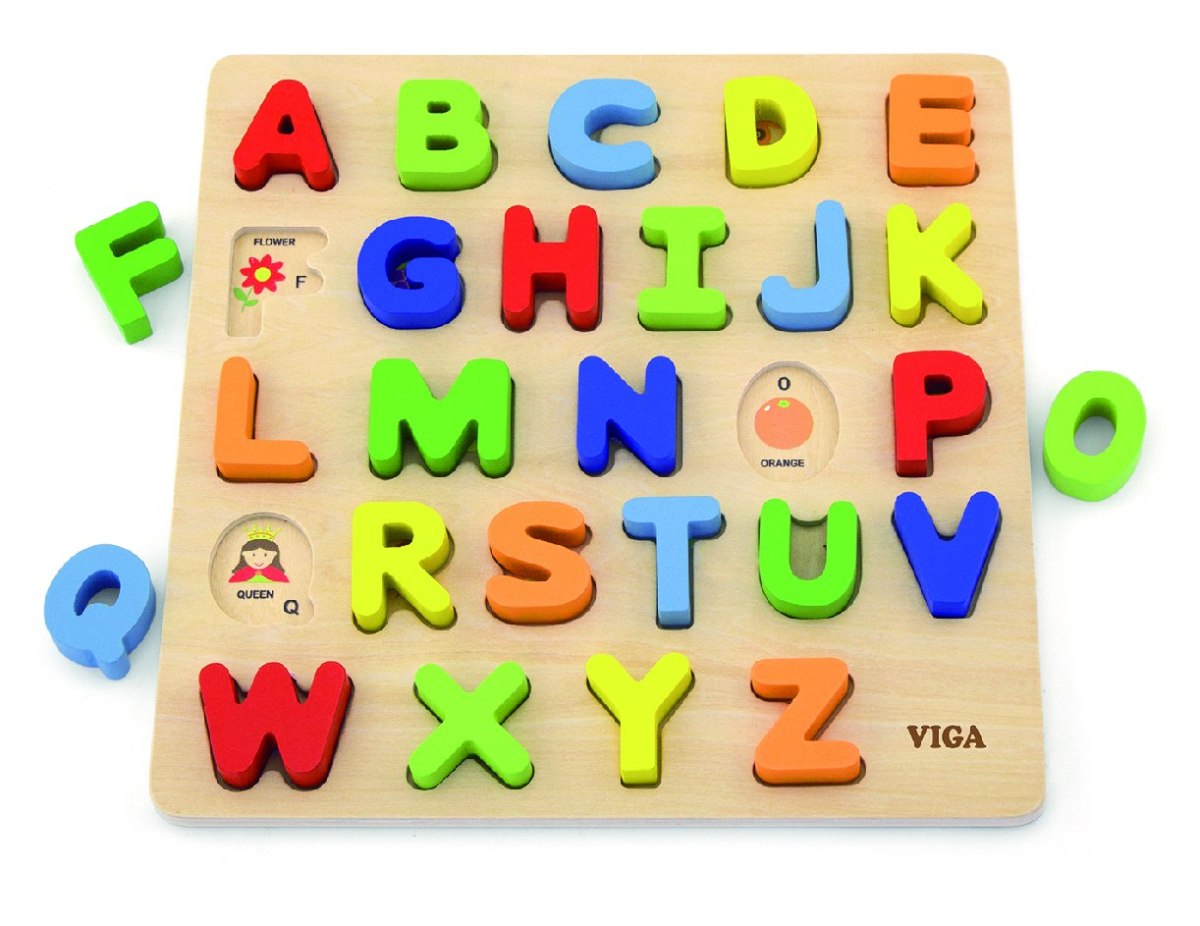 Drewniany sorter na podkładce - alfabet do nauki Viga