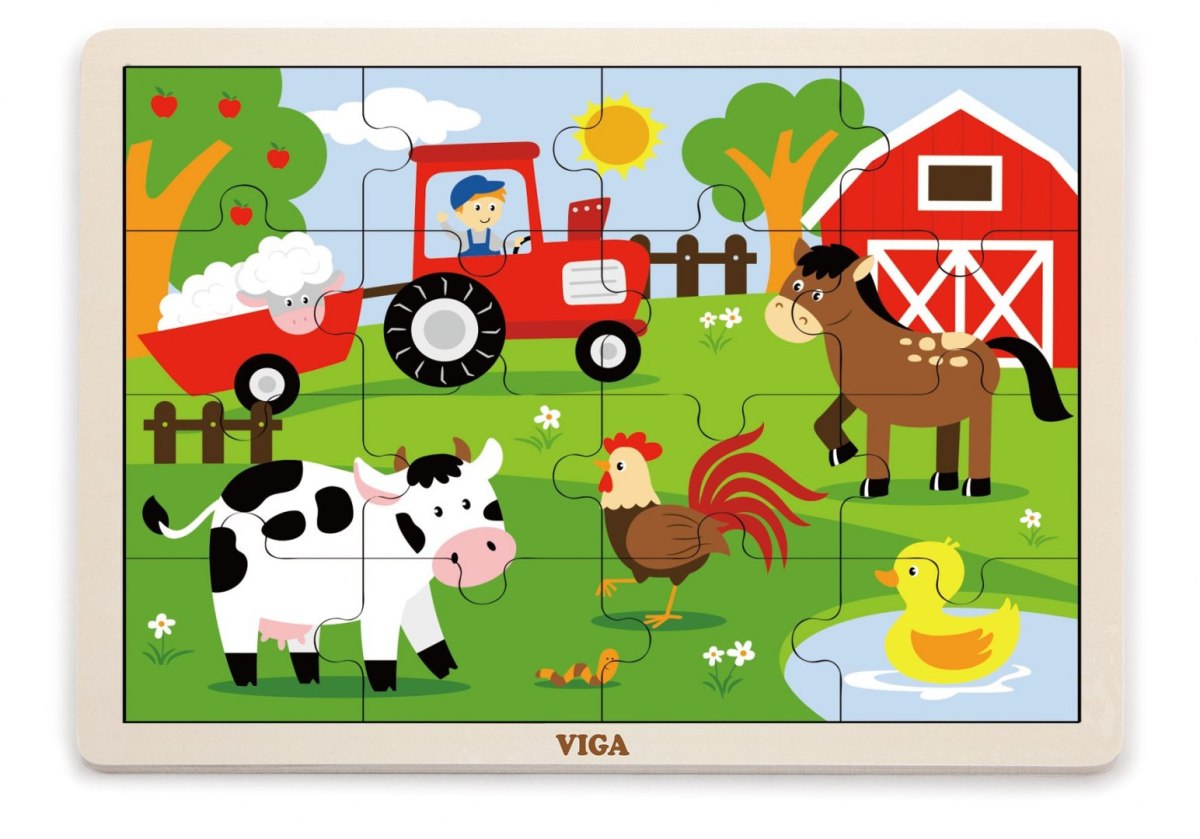 Drewniane puzzle na podkładce 16 elementów - Farma Viga